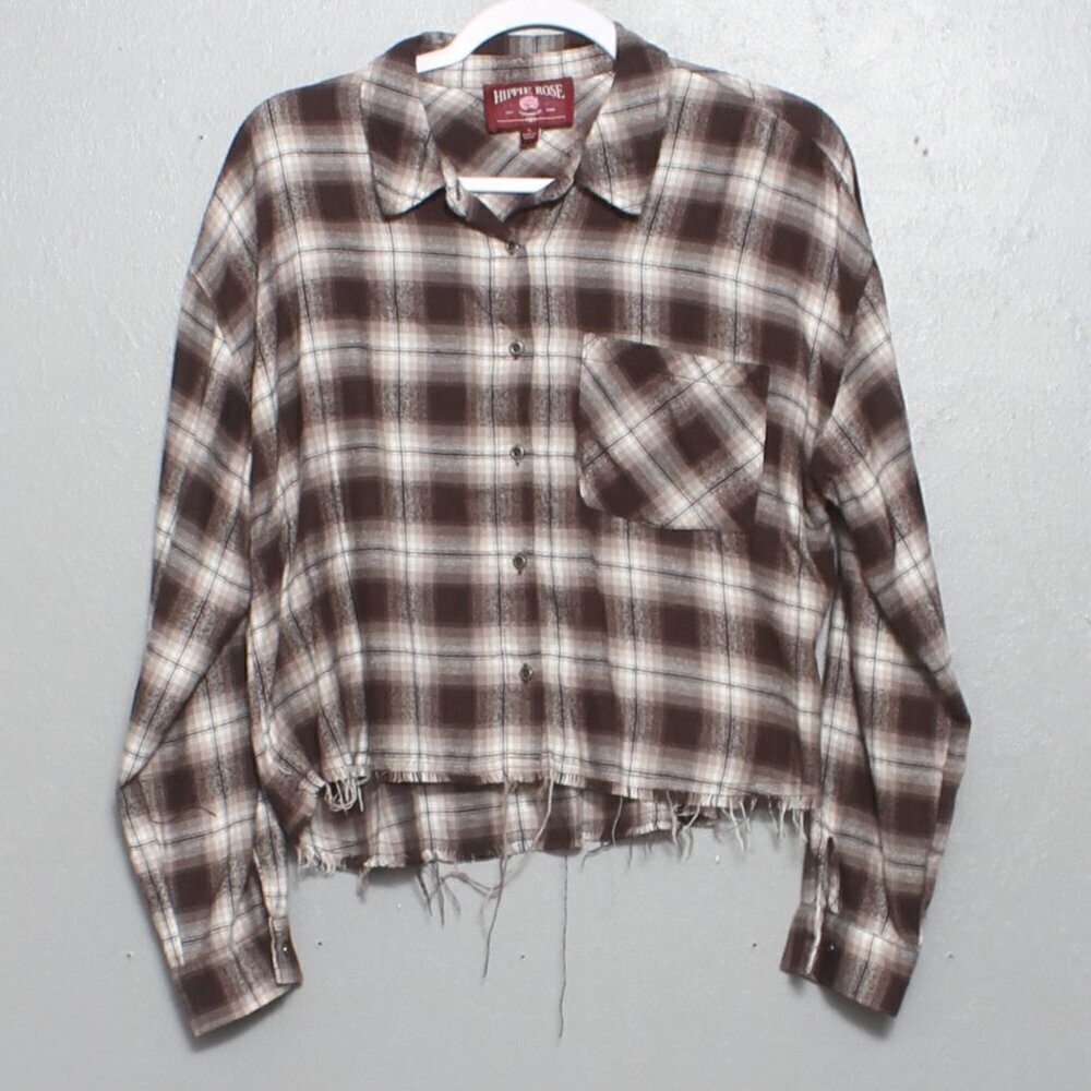 Hippie Rose plaid cropped flannel raw hem button up top